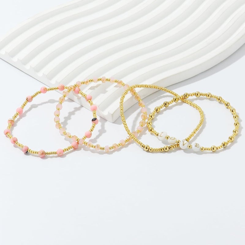 Pymach Store Dainty Gold Plated Pearl Crystal Beaded Bracelets Set for Women 14K Gold Plated Bead Pearl Beads Bracelet Stackable Paperclip Link Chain Bracelets Gold Plated Bracelets for Women Trendy Jewelry - Image 3